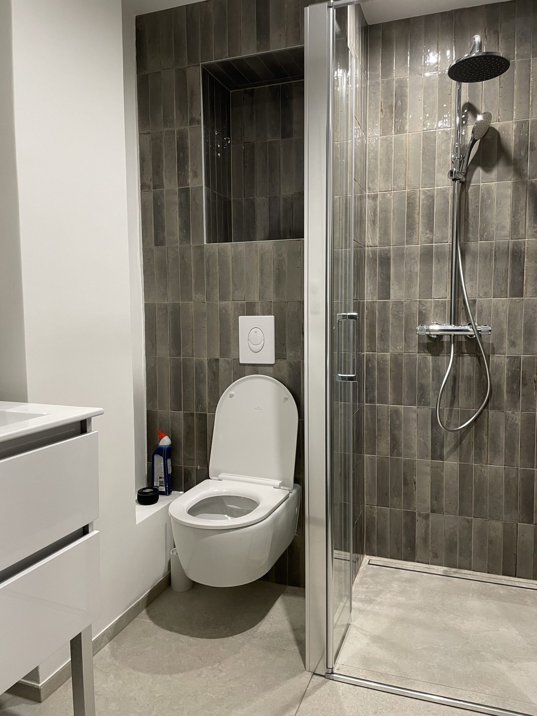 Douche en carreaux allongés gris foncé et WC suspendu